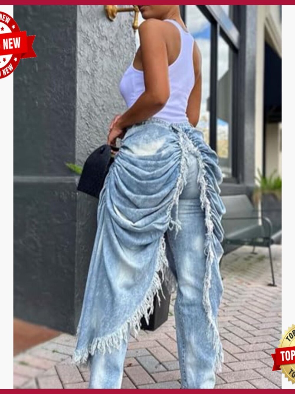High Waisted Straight Leg Distressed Jeans with Patchwork Fringe Hem - Picture 5 of 6